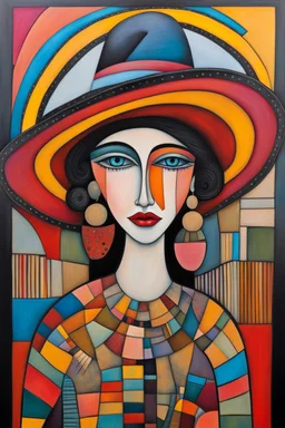 Lady in big hat, rough face, vibrant colors, children catalan folk art, patchs, black lines, non-figurative mode, combined abstract art with Surrealist fantasy in dadaism, surrealism style