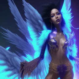 full body shot, masterpiece, best quality, black skinned, sparkling eyes, long hair, gourges Faaery,wings,fluorescent skin,blue-dark makeup,synthwave, indigo, highly detailed body, sun light, 4K, RAW, depth of field, high contrast, realistic details, 24mm vaporwave aesthetic, synthwave, artstation, concept art, smooth, extremely sharp detail, finely tuned detail, ultra high definition, 8 k, unreal engine 5, ultra sharp focus