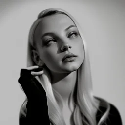 Mujer rubia iluminada, retrato medio cuerpo, iluminada potentemente desde el lado derecho, blanco y negro vaporoso, peinado a lo Verónica Lake al estilo del fotógrafo Hugo Alonso