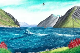 Colored pencil drawing of Norway, mountains, ocean, nature.