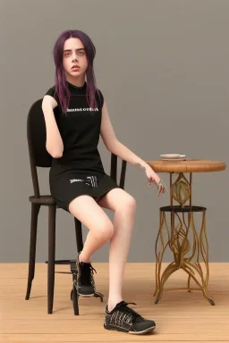 Billie Eilish, sitting on a chair, Black Short Dress, high detail