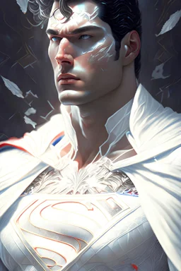 The epic portrait of Superman, dressed in white attire and adorned with gorgeous and surreal intricate details , wide-angle view , Half body composition , shinycinematic , artstation