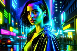 Digital art, high quality, digital masterpiece, natural illumination, spotlight, night, realistic, film style, beautiful, (full body:3), (1 Ana de Armas as a hologram:3), (happy face:1.8), (sexy eyes:1.5), (cyberpunk city:2), (cyberpunk smog as background:1.5), neon lights, neon illumination