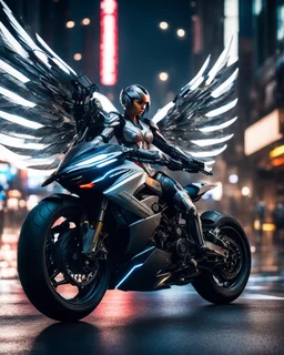 A full length Beautiful humanoid Angel ,straddle wings ,mixed with a body cyborg,driving motorsport Ducati futuristic on street futuristic cyberpunk city night, 8k ultra detail photography