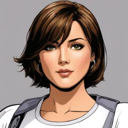 (in the style of Orion, by Masamune Shirow) youthful Mariska Hargitay as Olivia Benson with short hair in Law & Order: Special Victims Unit, 1999