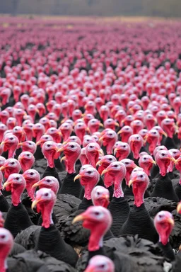 A 100 of turkeys heads filling the whole view and the background