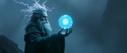 dwarven priest with electric hair, expert holding up a floating radiant Painite crystal rosette ball shooting radiant light through the fog