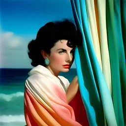 Elizabeth taylor, A white curtain above the sea, turquoise, pink, orange, yellow, wind blowing