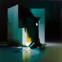 Minimal abstract oil paintings concrete fragments illuminated at night style of Justin Mortimer