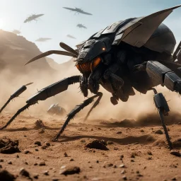 Starship Troopers Up-Close fight with giant insects in the Dirt seen from the side, far away