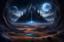 photo from esoteric dark matter, with wird elongated gothic style, alien constructions, lonf weird creatures alirn landscape, silver, black, brown and dark blue surreal vision, stunning visuals, ultrarealistic dark dreamy world, surreal lighting, , hyper-realistic, detailed, photorealistic, sci-fi mood