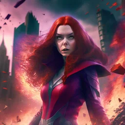 Wanda Maximoff, mulher, jovem, cabelos ruivos, olhos vermelhos, corpo inteiro, fundo cidade destruída, cores brilhantes, de lado destruindo algo com sua magia vermelha, traje da feiticeira escarlate, dramatico, 4k render, imagem cinematográfica. Cores frias, magia em suas mãos, magia vermelha claro