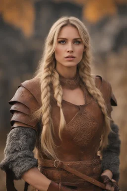 A beautiful woman with blond hair, viking braids Brown leather armor.