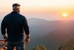 a brawny man with grey hair views sunset from a cliff