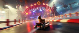 donkey kong bowling stage racing, motion blur, weird creatures, mini racing kart, fences and hills, pits and pendulums, and cranes and squids, fog, smoke, oil slick, spies, gta 4 world