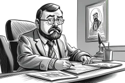 big russian man sitting at desk, portrait, speech, TV address, nametag, glasses, neck beard, short hair, mustache, suit; caricature style, sketch art; black and white; grayscale, pencil drawing