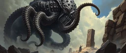 epic fantasy illustration, black giant nephilim octopus enoch throwing stone sculpture into wall