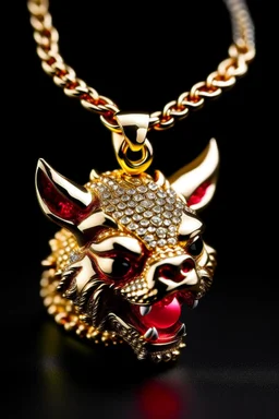 A gold chain with an iced out pumba sitting pendant, eyes should be rubies and fangs in gold