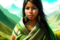 Digital art, high quality, digital masterpiece, natural illumination, realistic, action film style, (1 young peruvian girl:3), (dark brown hair:1.8), tan skin, (sexy green eyes:1.8), (tall:1.8), (White peruvian poncho:1.8), Peruvian patterns, a mountain at background, sunny day, (Sun in the sky:2)