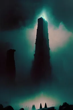 A monolith descending from the sky,pointing down at ancient ruins,flock of robed cultists praying,deep shadows, cinematic lighting,in the style of Zvidslav Beksinski, ominous fog in distance dark room