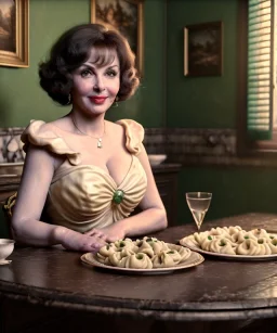 Ultra realistic photographic portrait, happy elegant Gina Lollobrigida woman sitting with arms resting on Italian kitchen table, pretty tortellini dish, renaissance style decoration, cold, soft color, highly detailed, unreal engine 5, ray tracing, RTX, lumen lighting, ultra detail, volumetric lighting, high definition.