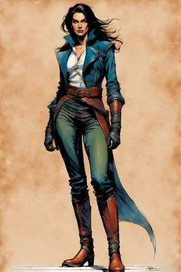 Create a concept drawing of an epic fantasy Lankhmar female thief character , slim in stature, with shoulder length hair, finely lined and detailed facial features, in an fur collared leather doublet and breeches , a short oriental cloth belt at the waist, stealthy soft leather slippers, , in the comic book style of Bill Sienkiewicz, Howard Chaykin, Mike Mignola, Philippe Druillet, and Jean Giraud Moebius, precisely drawn, colored and inked,