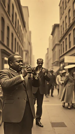 An old picture style of black and white mono very bad quality looks very old camera picture with cracks of the singer Louis Armstrong in New along with Donald trump in York street year 1900