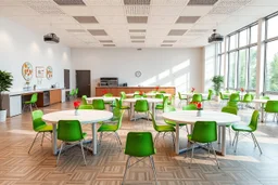 A 3D hyperrealistic 3D image in 4K resolution of a party and birthday room (about 100 sq m) with arranged tables, green chairs, lots of light and a kitchenette.