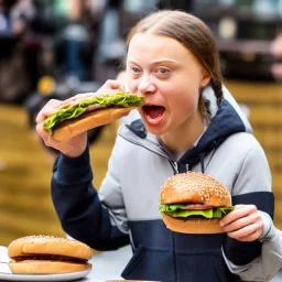 Greta Thunberg eating human burgers oozing with grease.