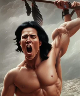 native american warrior, long black hair, big muscles, looking up, mouth wide open, scream face, shirtless