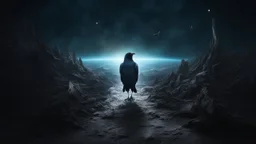 Crow in a space, at the end of the time, hyper realistic