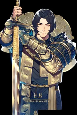 A handsome 30 year old knight, black hair, male bob haircut, in black-and-gold plate armor, golden katana in both hands, no beard, european, proper arms