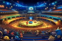 a Pokémon stadium with many lights and a big crowd, cell shading