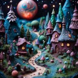 Detailed creepy landscape made of modeling clay, fairy tale, people, village, stars and planets, Roger Dean, naïve, Tim Burton, strong texture, Ernst Haekel, extreme detail, Max Ernst, decal, rich moody colors, sparkles, bokeh