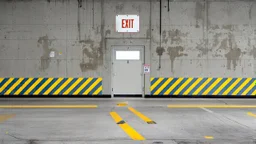 wall design for parking garage, concrete, yellow painted hazard lines, weathering and water stains, in middle is an exit doorway with small window, with a sign is above. rough painted hashmarks and parking lines, add signage found in a parking garage.