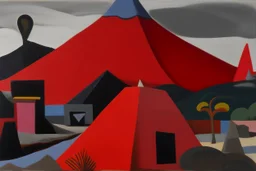 A grayish red pyroclastic volcano painted by Stuart Davis