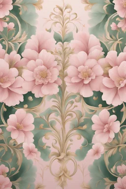 Create a hand-painted mural featuring symmetrical floral patterns in delicate pink and green tones. Integrate subtle gold accents to enhance the elegance and charm of the design.