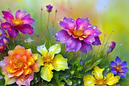 "Impressionism, Flowers covered with rain drops and splashes wet on wet, loose watercolour with drops, ultra soft colours, watercolour. Watercolor on White paper. yellow and purple complementary colors detailed painting renaissance painting fractal fractal beautiful colorful complex"