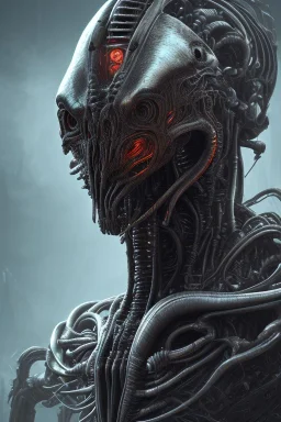 evil predator with crown, alien, brutal face, tron, head, burn eyes, 8k, finely detailed, dark light, photo realistic, hr giger, cyberpunk