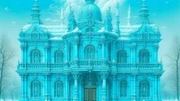 A cyan icy palace in a blizzard designed in German folk art painted by Michelangelo di Lodovico Buonarroti Simoni