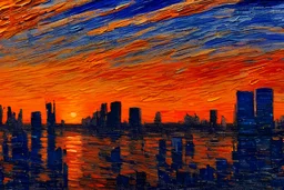 Sunset, Cyberpunk buildings, sand, sci-fi, tendency to impressionism influence, realistic painting