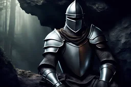 A Realistic photo of a Knight in damaged armour without his helmet finding a cave to rest for the night