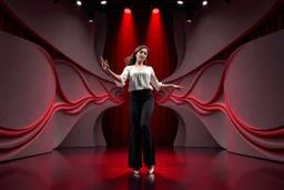 modern stage with gray-dark red theme artistic decoration , color full dynamic lighting, a beautiful lady in pants and blouse with shining silver jewels dancing, 3D recursive fractal structure animating background