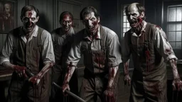 4 men zombies in adark room bloody help stand behined