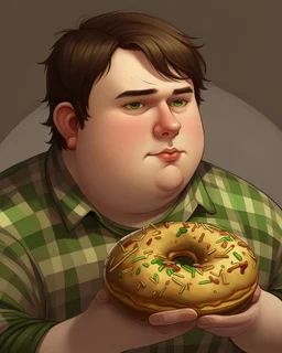 Portrait d'un jeune homme mangeant un grand donut, ultra obèse; cheveux bruns et teint blanc, porte une chemise à carreaux de couleur vert olive. HD portrait, Artstation