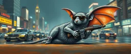 master oil painting by Rembrandt, pen outline and airbrush,the tilted quilter,glasses and ticks, cyberpunk imagery synchronized mechanical stylized fluffy gremlin rat bat laying low holding a few guns barely hanging on, drumming kit flat power trike flickering stable core, wet reflective salt flat city, fast motion blur background, translucent tube cars, technocracy mega tv