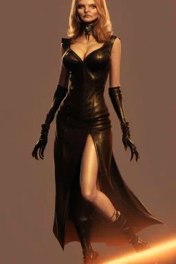 Michelle Pfeiffer in a black leather gown, evil, femme fatale, villain, leather, busty, cleavage, angry, stern look. character design by cory loftis, fenghua zhong, ryohei hase, ismail inceoglu and ruan jia. unreal engine 5, artistic lighting, highly detailed, photorealistic, fantasy