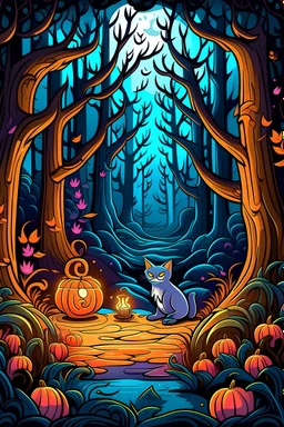 "Generate a Halloween-themed coloring page using AI artistry, blending eerie and whimsical elements. Include a spooky forest with gnarled trees, a mysterious cauldron bubbling with magical potions, and a playful black cat with arched back and glowing eyes. Use vibrant colors and intricate details to capture the enchantment of this Halloween scene."