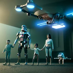 Ultra Realistic family portrait, living room. father. mother. daughter. alien pet. Little flying drone. retro futuristic, Star Wars style. smile, happy. highly detailed, concept art, unreal engine 5, ray tracing, RTX, lumen lighting, ultra detail, volumetric lighting, 3d, finely drawn, high definition, high resolution.