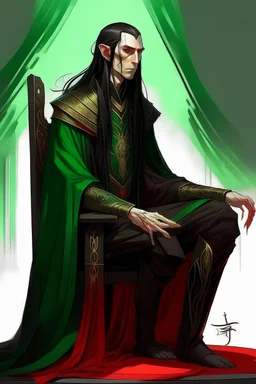 half-elf, half-human with long ears, head lowered, dark hair hanging in separate strands covering the face, only emerald-light eyes are visible, black robe and red lines from the shoulders, going closer to the neck and going down, dividing the black and red shirt, golden ones are visible lines the whole body sits on a chair with one hand holding a spear holding a spear slightly transparent black female hands on the sides stand in human height shadows like guards